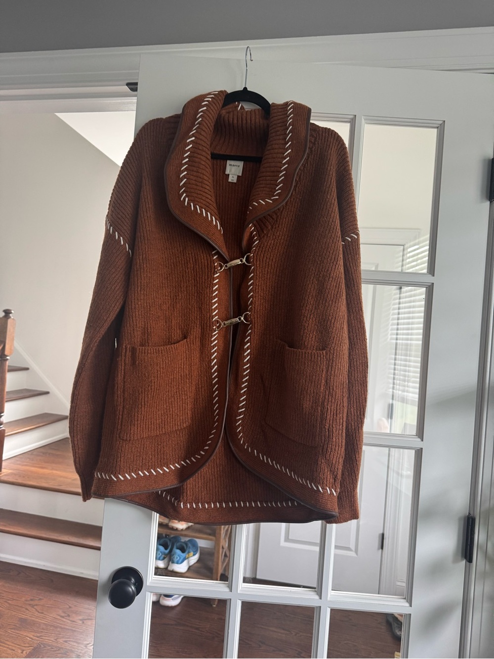NWT Anthropologie Maeve Faux Leather Trim Whipstitch Cardigan Sweater - Picture 3 of 8